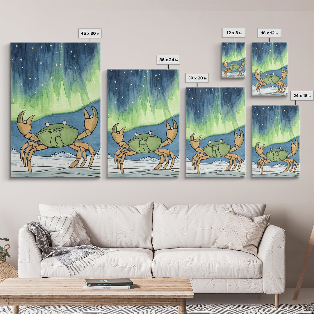 Whimsical Crab Under Northern Lights Wall Art, Coastal Animal Print, Ocean Nursery Decor, Kids Room Decor, Playful Beach House Art