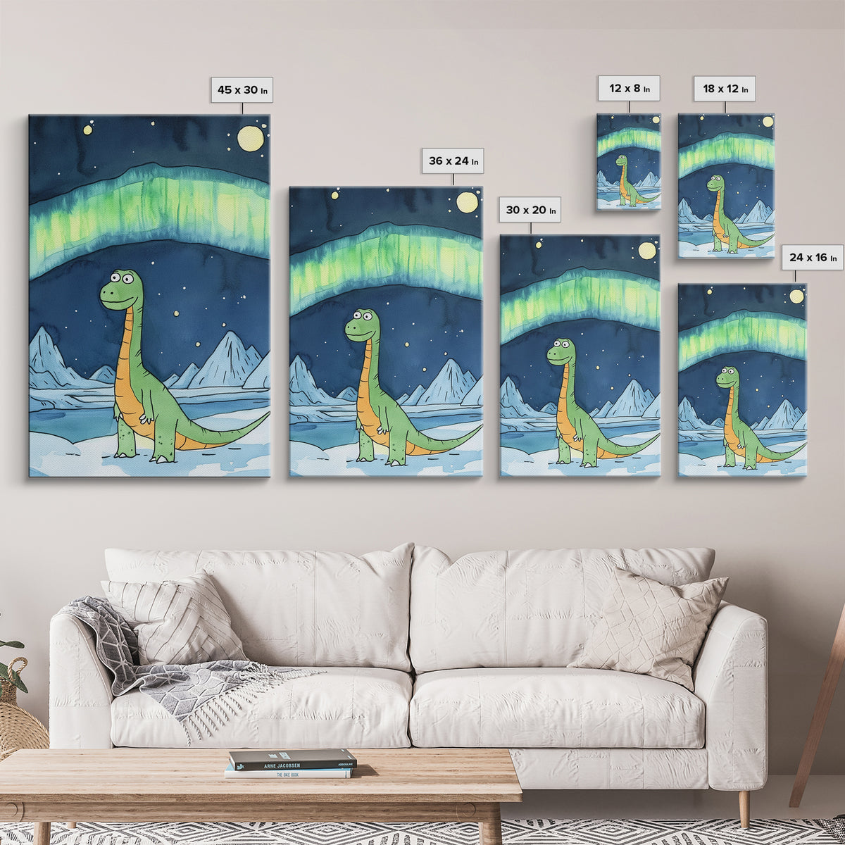 Cute Green Dinosaur Under Northern Lights Wall Art, Whimsical Nursery Decor, Kids Room Art, Arctic Adventure Canvas Print