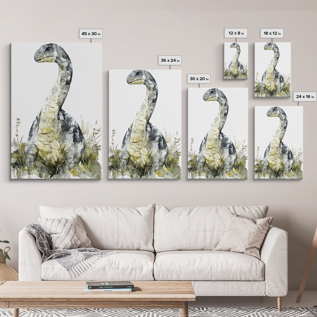 Gentle Long Neck Dinosaur Watercolor Wall Art, Neutral Nursery Decor, Animal Art Print, Kids Room Canvas Print, Baby Gift