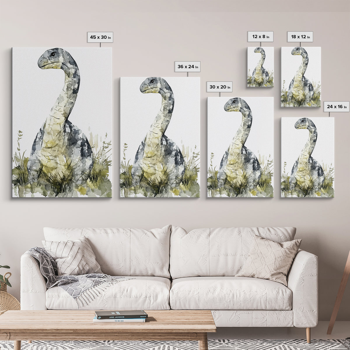Gentle Long Neck Dinosaur Watercolor Wall Art, Neutral Nursery Decor, Animal Art Print, Kids Room Canvas Print, Baby Gift