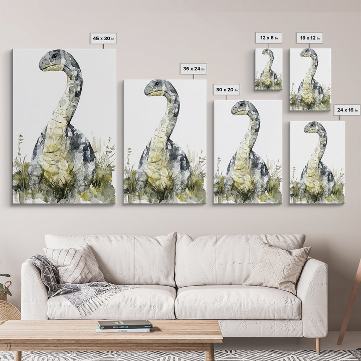 Gentle Long Neck Dinosaur Watercolor Wall Art, Neutral Nursery Decor, Animal Art Print, Kids Room Canvas Print, Baby Gift