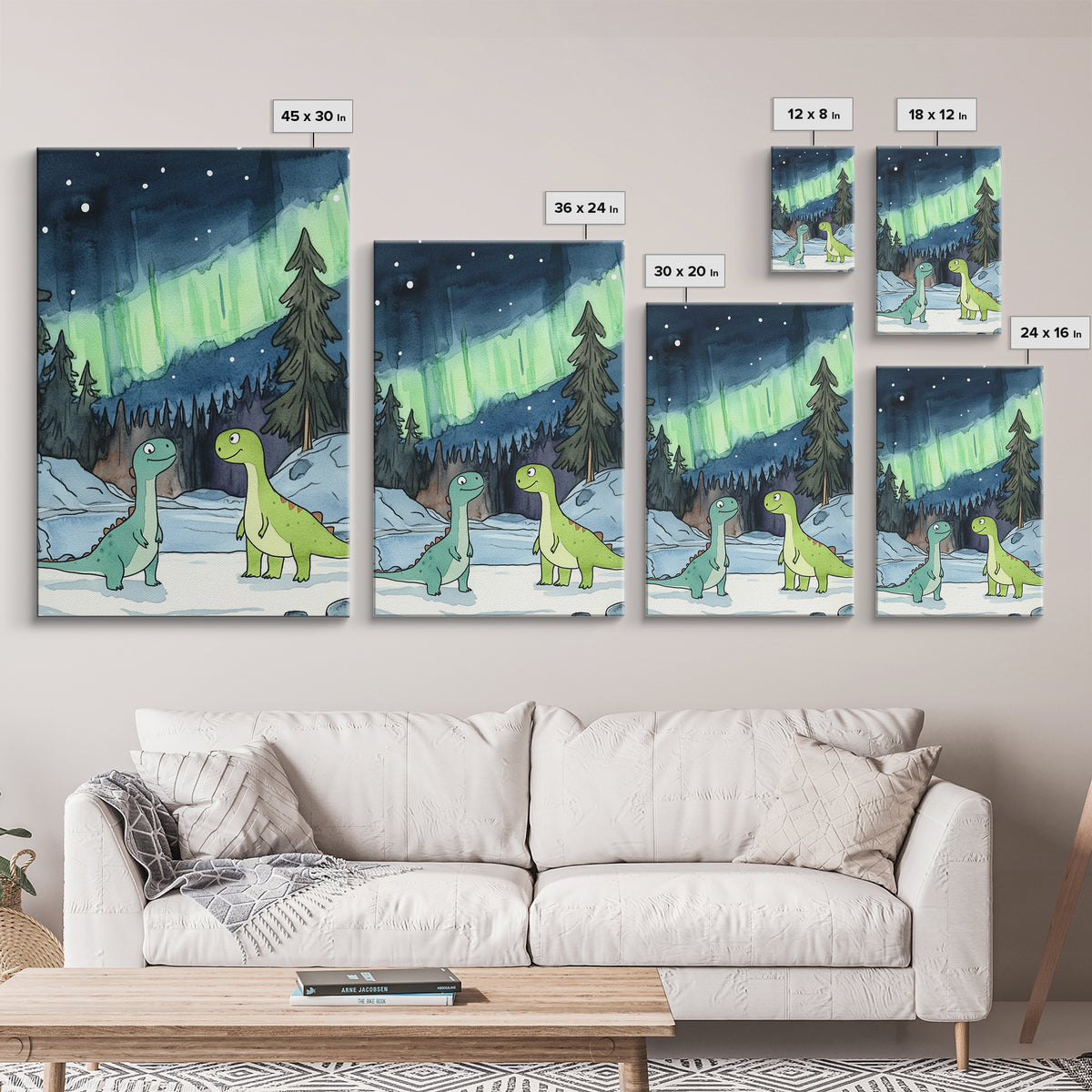 Two Smiling Dinosaurs In Snowy Forest Wall Art, Northern Lights Nursery Decor, Whimsical Kids Room Canvas Print, Baby Shower Gift