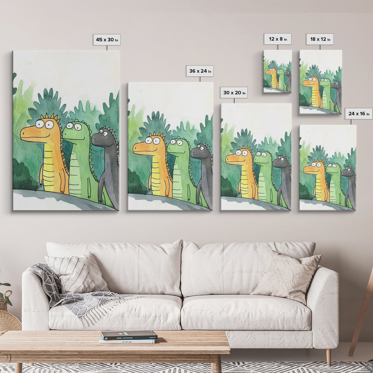 Three Cute Dinosaurs In Green Jungle Wall Art, Whimsical Animal Nursery Decor, Kids Room Art Print, Colorful Canvas Print