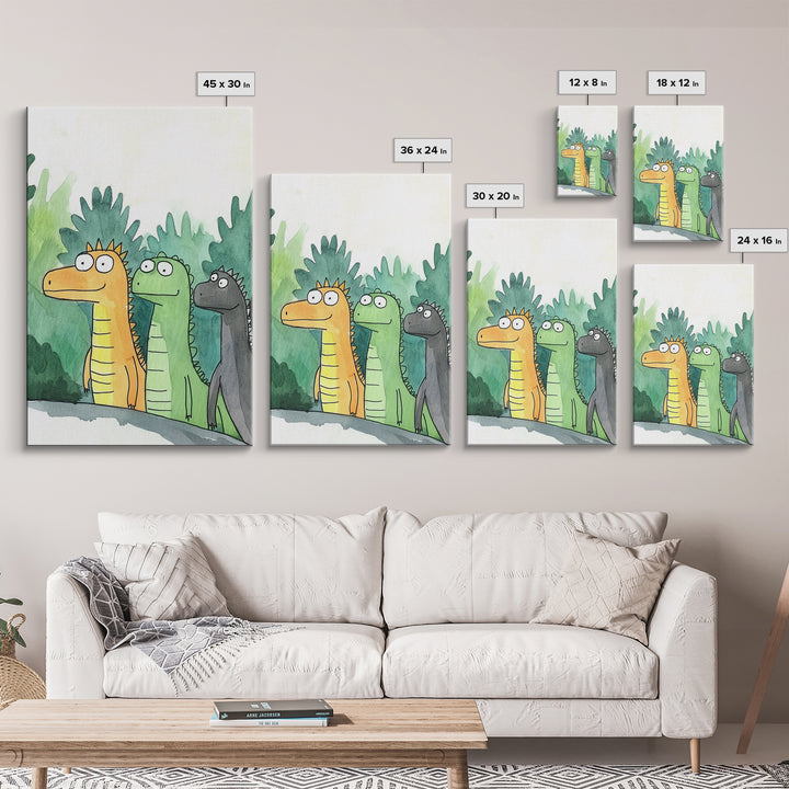 Three Cute Dinosaurs In Green Jungle Wall Art, Whimsical Animal Nursery Decor, Kids Room Art Print, Colorful Canvas Print