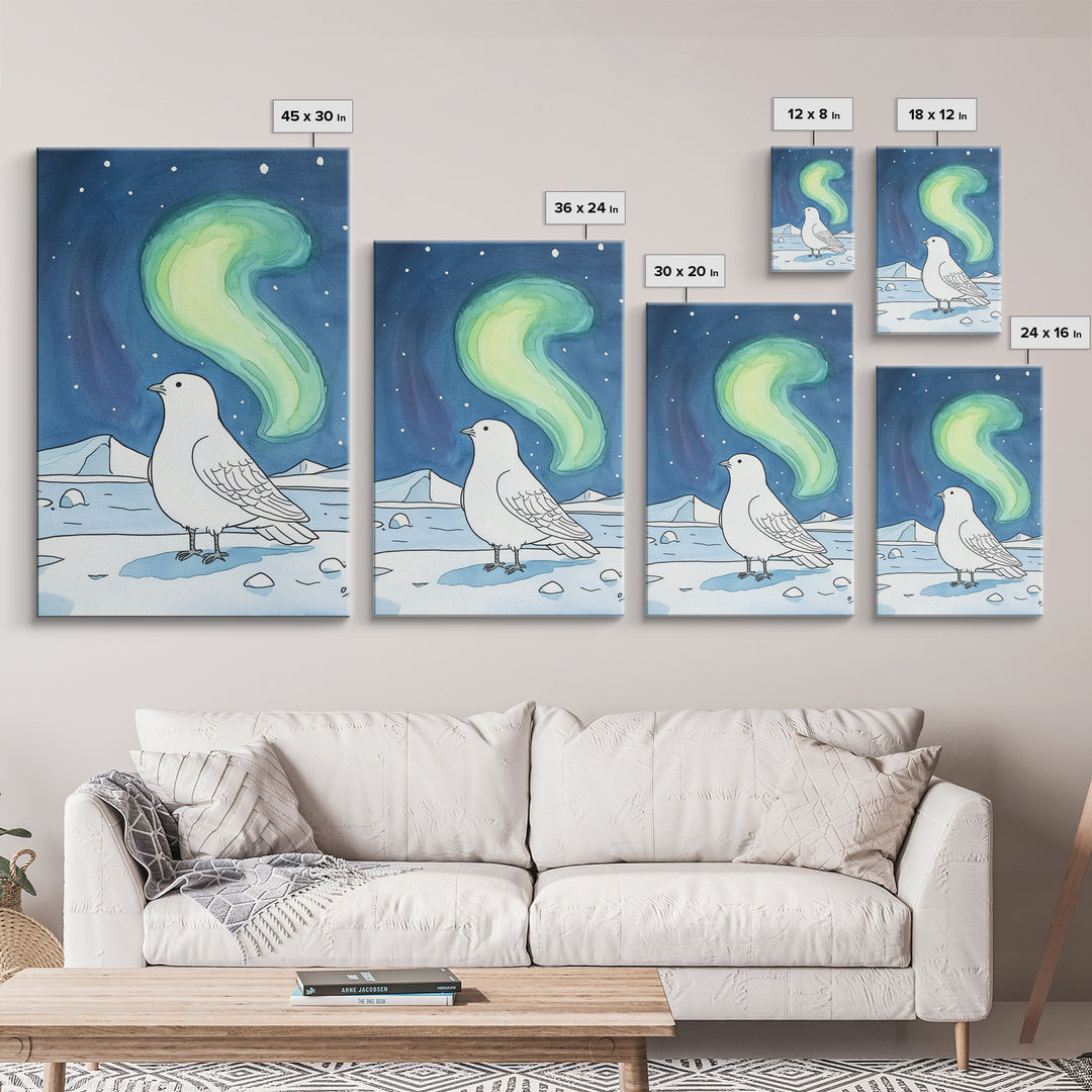 White Arctic Bird Beneath Northern Lights Wall Art, Winter Nature Decor, Celestial Bird Art Print, Peaceful Canvas Print