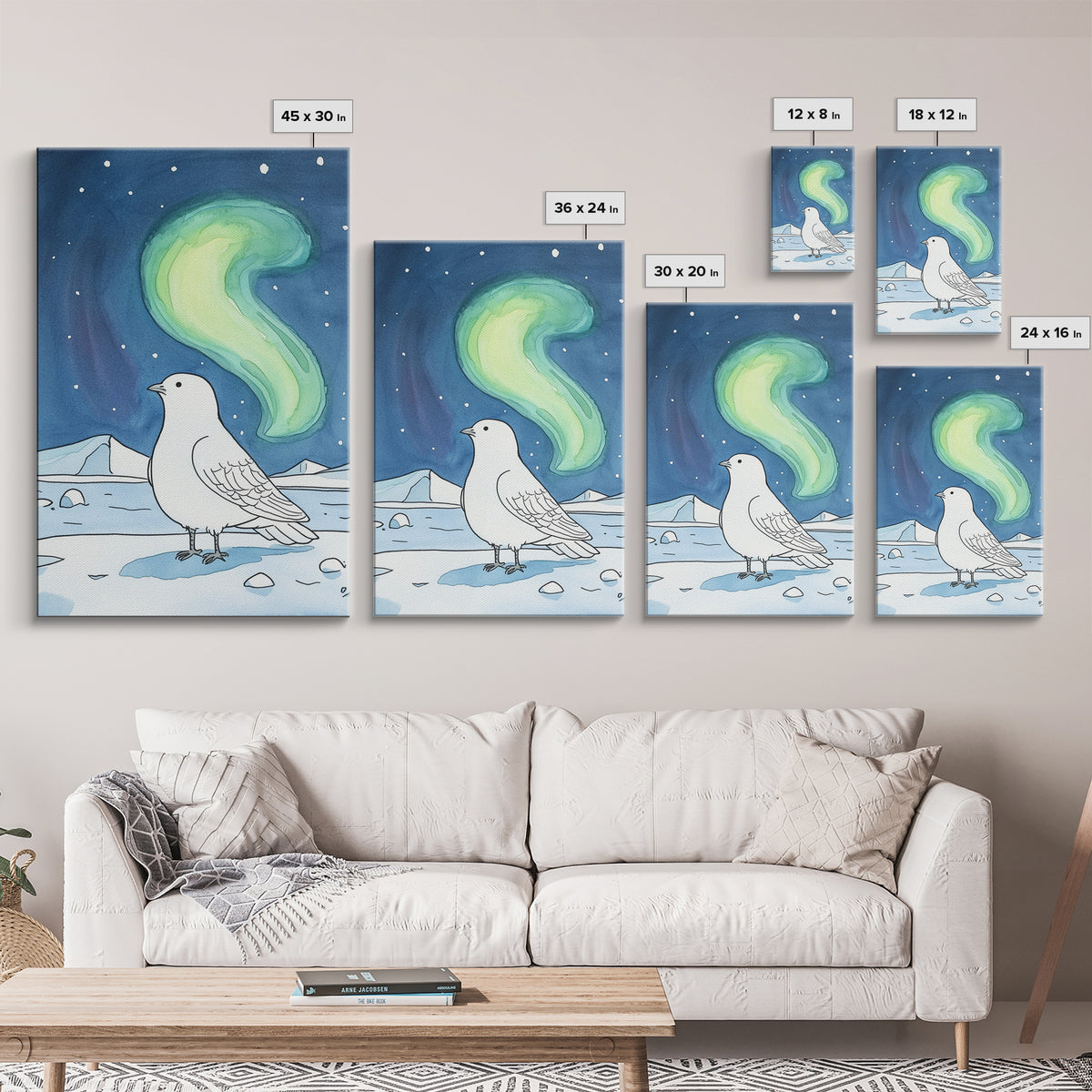 White Arctic Bird Beneath Northern Lights Wall Art, Winter Nature Decor, Celestial Bird Art Print, Peaceful Canvas Print
