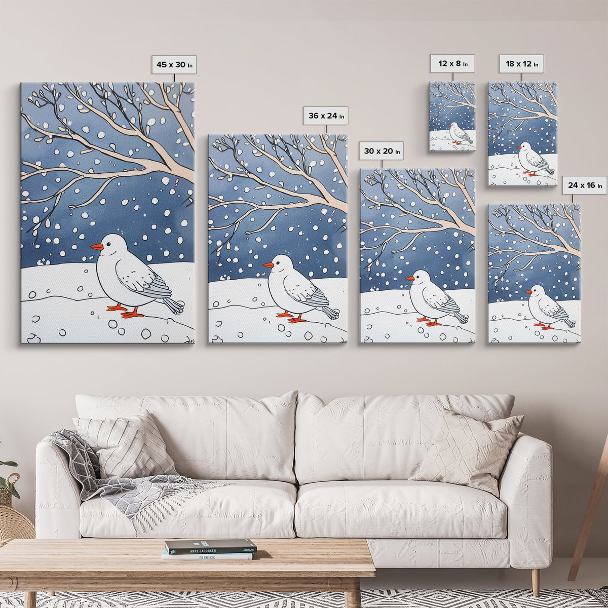 White Snow Bird Under Winter Branches Wall Art, Cozy Nature Decor, Minimalist Bird Art Print, Scandinavian Decor Canvas Print