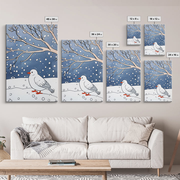 White Snow Bird Under Winter Branches Wall Art, Cozy Nature Decor, Minimalist Bird Art Print, Scandinavian Decor Canvas Print