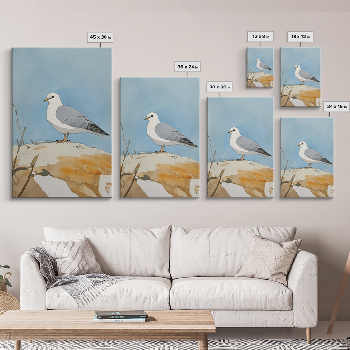 Coastal Seagull On Sunlit Rock Wall Art, Beach House Decor, Living Room Decor, Ocean Bird Art Print, Nautical Framed Canvas Print