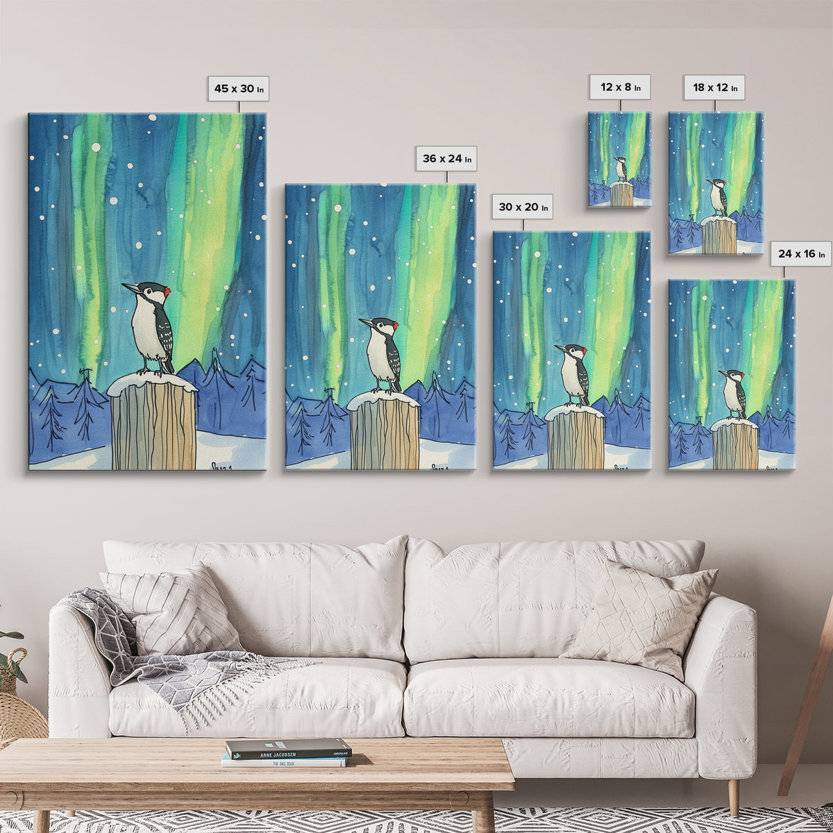 Woodpecker Under Aurora Snowy Forest Wall Art, Northern Lights Bird Art Print, Winter Nature Decor, Cozy Cabin Decor Canvas Print
