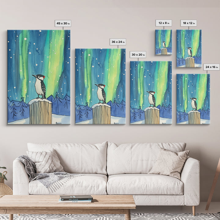 Woodpecker Under Aurora Snowy Forest Wall Art, Northern Lights Bird Art Print, Winter Nature Decor, Cozy Cabin Decor Canvas Print