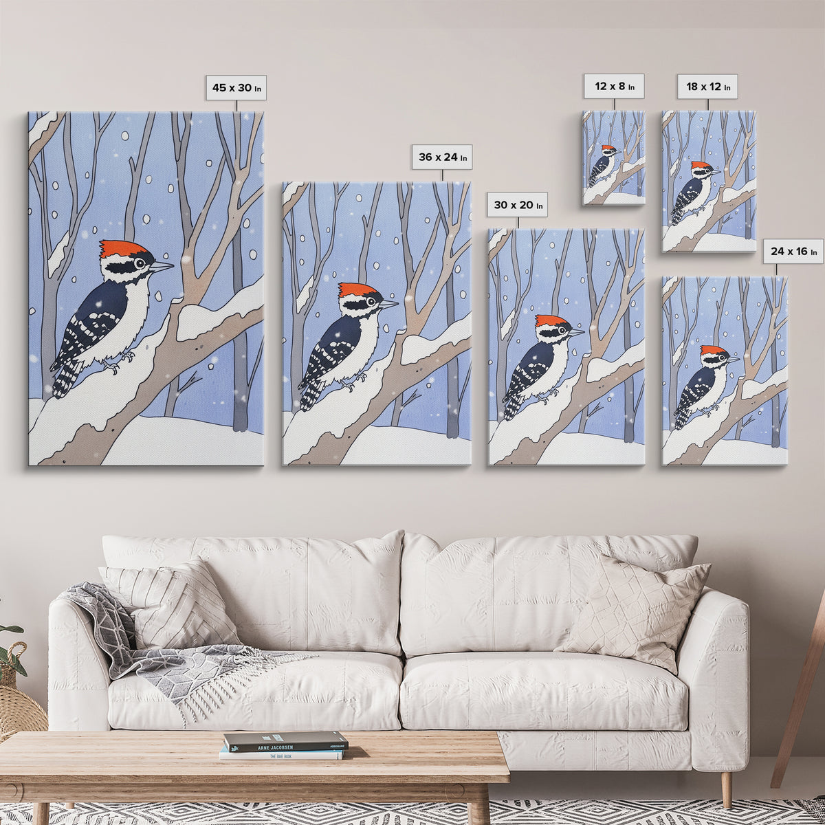 Red Capped Woodpecker In Snowy Winter Forest Wall Art, Woodland Bird Print, Nursery Decor, Rustic Cabin Decor, Nature Gift