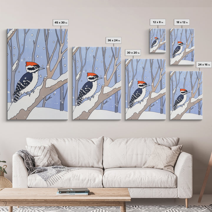 Red Capped Woodpecker In Snowy Winter Forest Wall Art, Woodland Bird Print, Nursery Decor, Rustic Cabin Decor, Nature Gift