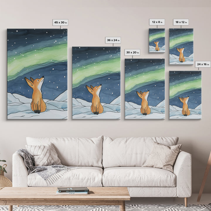 Fox Watching Northern Lights In Snow Canvas Print, Aurora Borealis Wall Art, Woodland Nursery Decor, Winter Cabin Decor, Gift