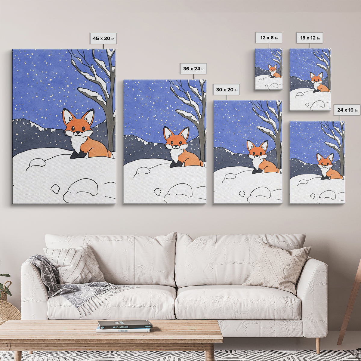 Cute Fox In Snowy Mountain Night Wall Art, Woodland Animal Print, Winter Nursery Decor, Cabin Wall Decor, Whimsical Art Print