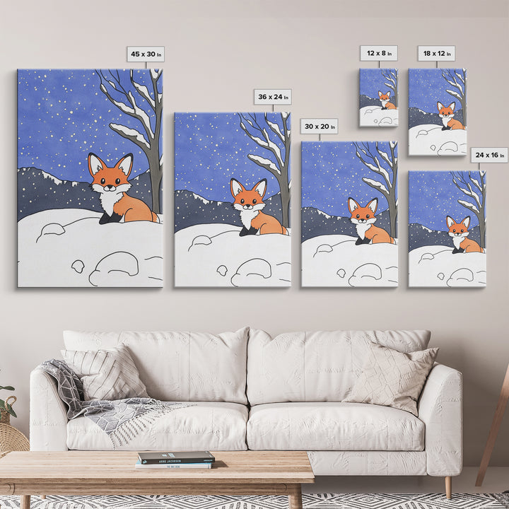Cute Fox In Snowy Mountain Night Wall Art, Woodland Animal Print, Winter Nursery Decor, Cabin Wall Decor, Whimsical Art Print