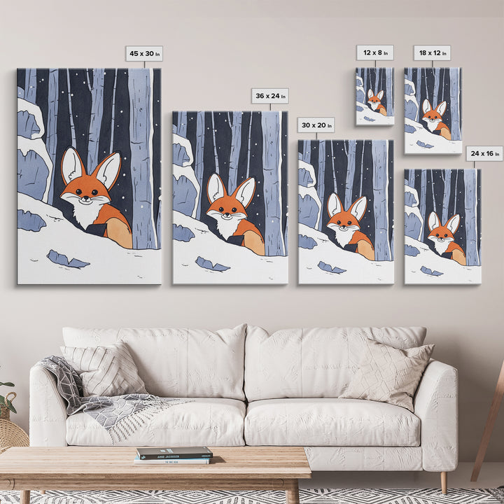 Fox Peeking From Snowy Forest Canvas Print, Woodland Animal Wall Art, Whimsical Nursery Decor, Winter Cabin Decor, Fox Art