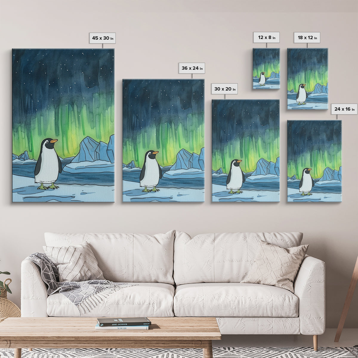 Penguin Under Northern Lights Canvas Print, Arctic Animal Wall Art, Kids Room Decor, Aurora Nursery Art, Gift For Him, Home Decor