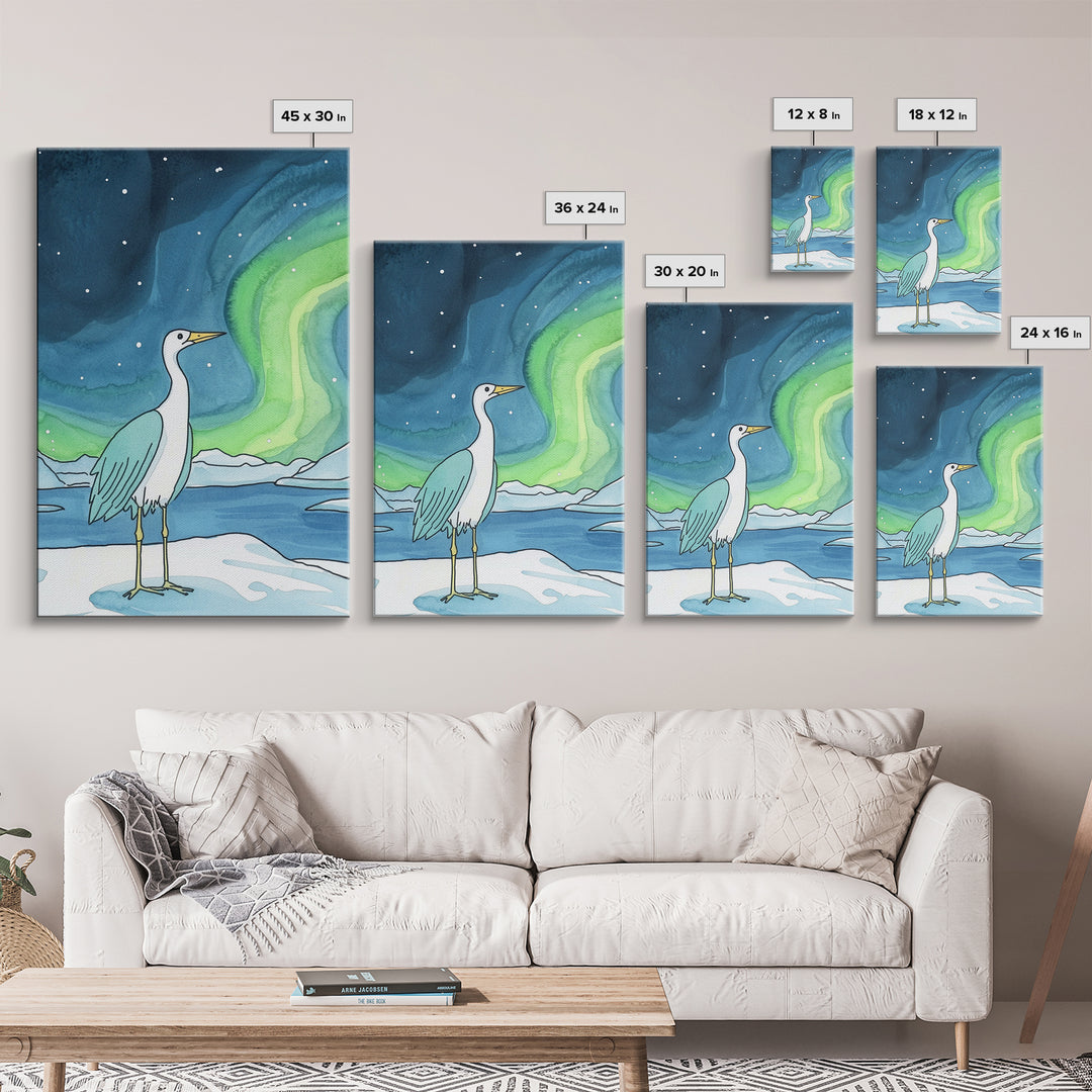 White Heron Under Northern Lights Canvas Print, Arctic Bird Wall Art, Coastal Nature Home Decor, Serene Nursery Gift For Her