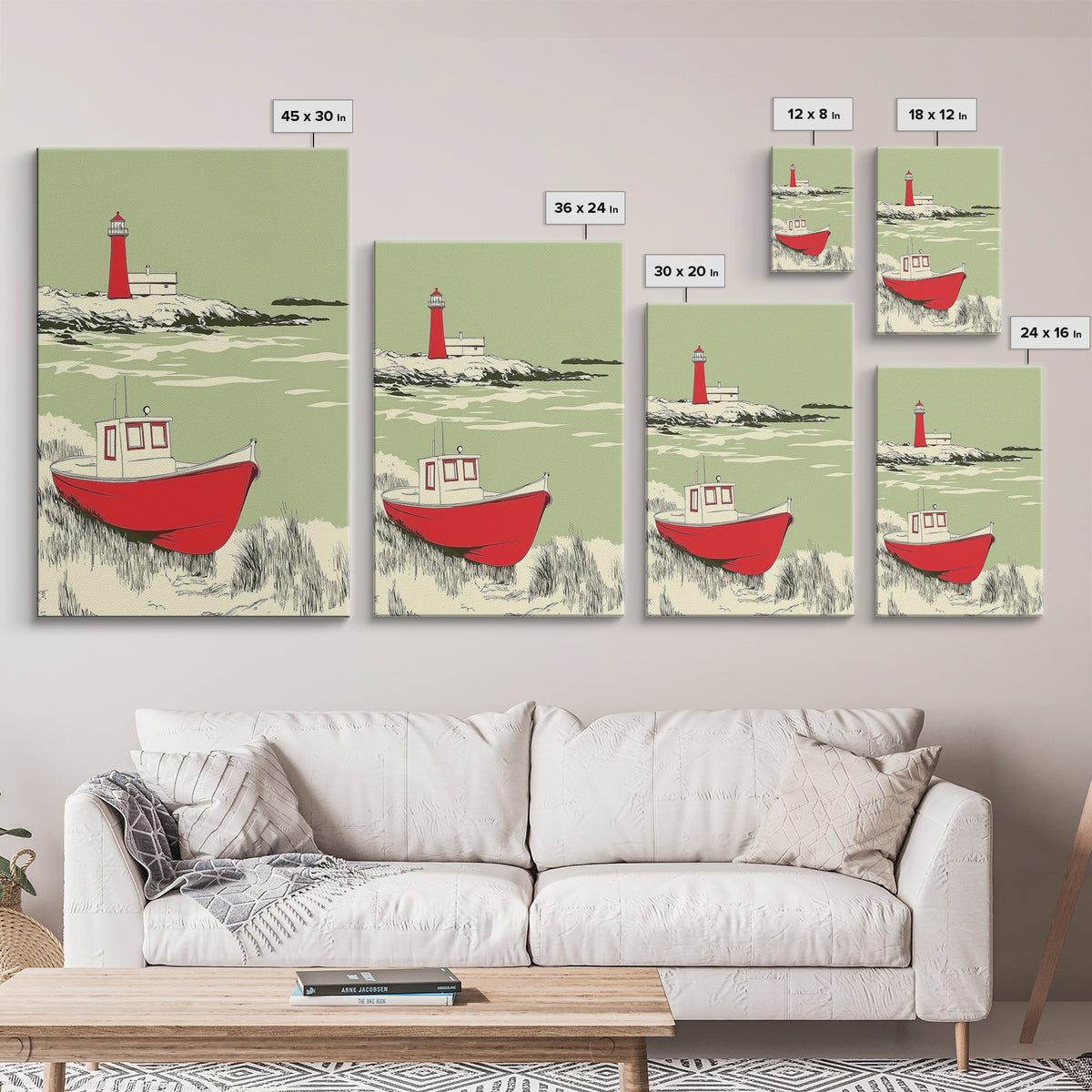 Red Fishing Boat And Lighthouse Canvas Print, Coastal Wall Art, Nautical Beach House Decor, Seascape Gift For Him, Living Room Decor