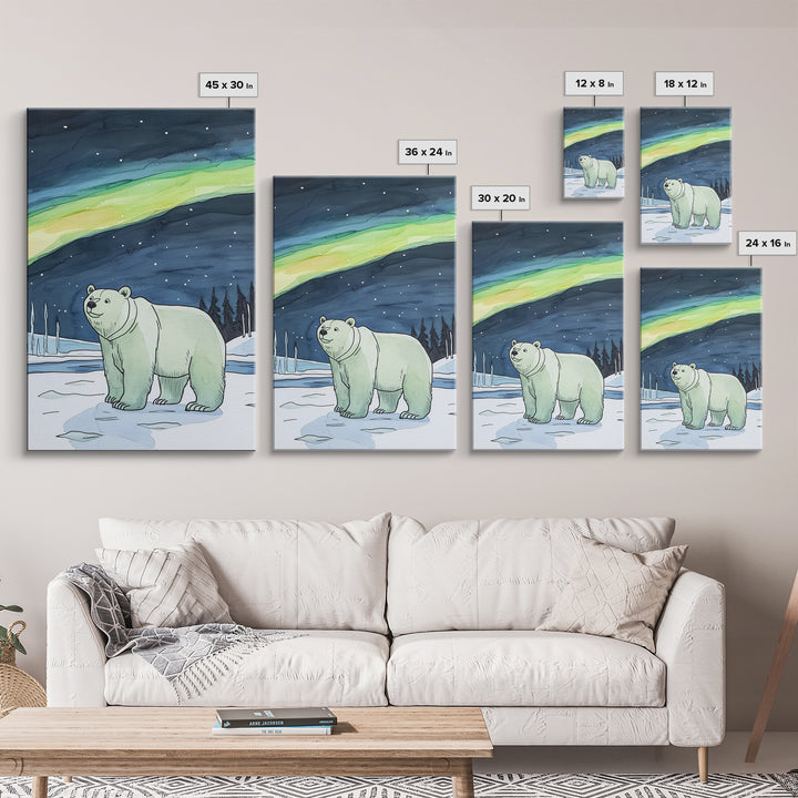 Polar Bear Under Northern Lights Wall Art, Arctic Wildlife Canvas Print, Winter Nature Decor, Nursery Gift For Kids Room