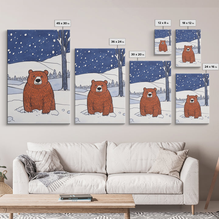 Brown Bear In Snowy Forest Wall Art, Woodland Animal Canvas Print, Rustic Nursery Decor, Winter Wildlife Gift For Kids Room Decor