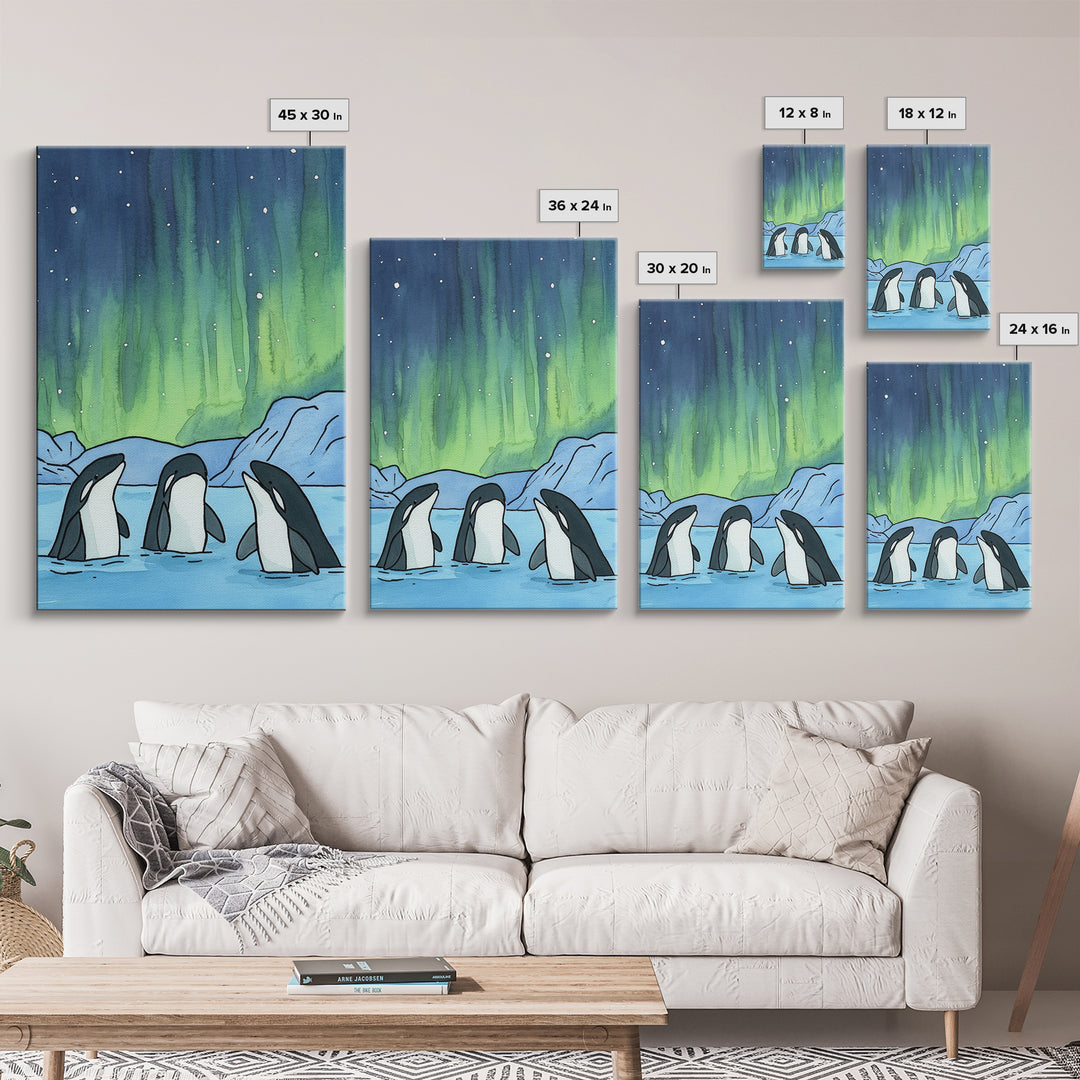 Orca Whales Under Northern Lights Wall Art, Arctic Ocean Print, Marine Life Decor, Coastal Nursery Art, Whale Lover Gift