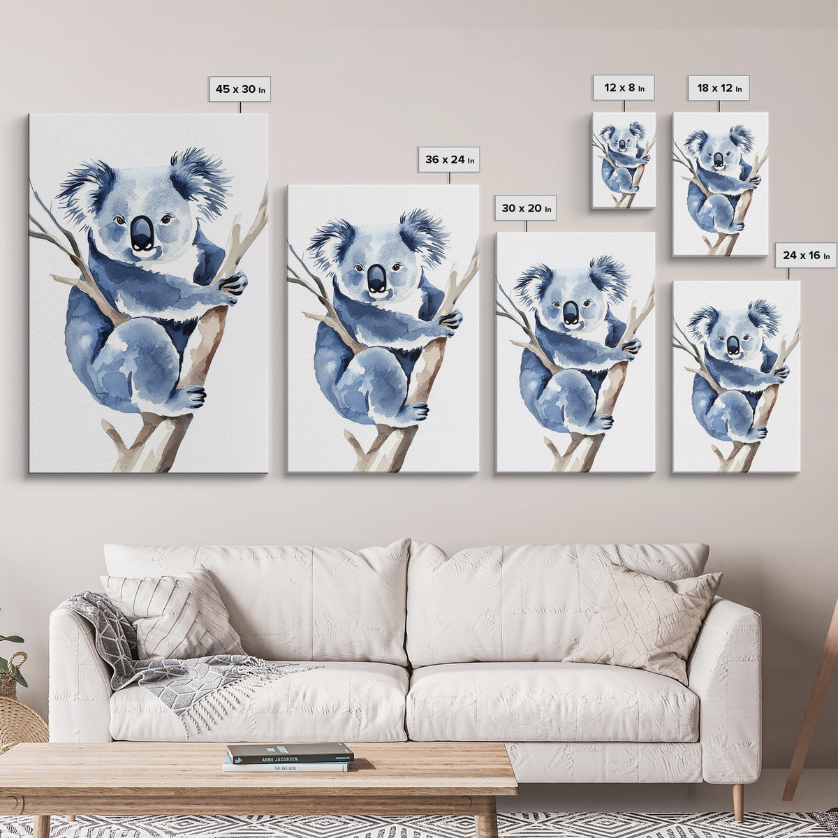 Blue Koala Climbing Eucalyptus Canvas Print, Watercolor Animal Wall Art, Nursery Decor, Kids Room Art, Wildlife Art Print