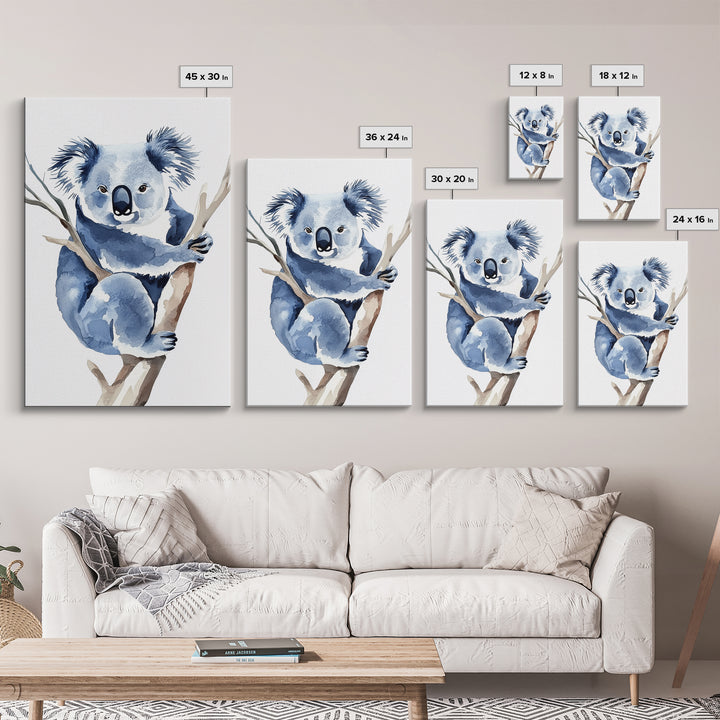 Blue Koala Climbing Eucalyptus Canvas Print, Watercolor Animal Wall Art, Nursery Decor, Kids Room Art, Wildlife Art Print
