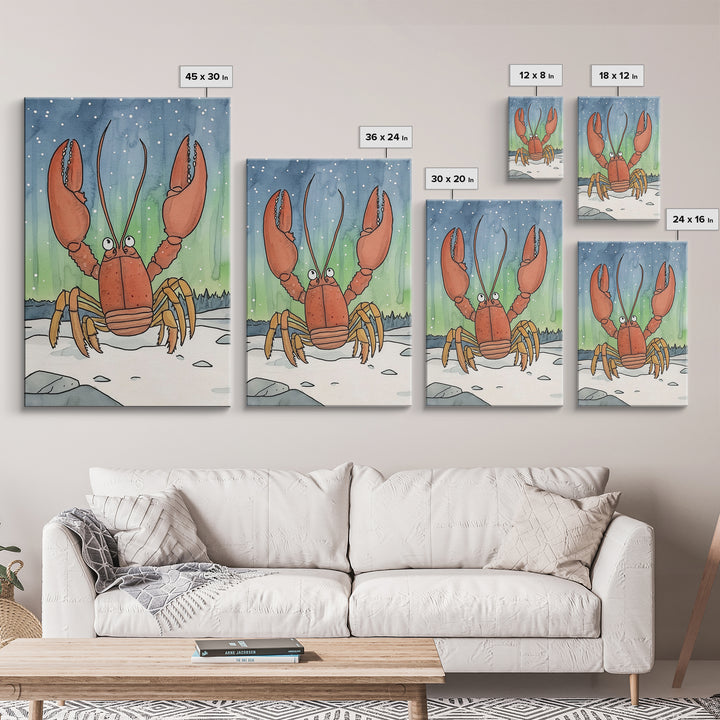 Whimsical Lobster Under Starry Sky Canvas Print, Coastal Animal Wall Art, Nautical Nursery Decor, Ocean Life Art Print, Kids Room Decor