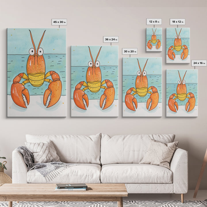Cute Orange Lobster By The Sea Wall Art, Coastal Kitchen Decor, Nautical Bathroom Print, Seafood Art, Beach House Decor Gift