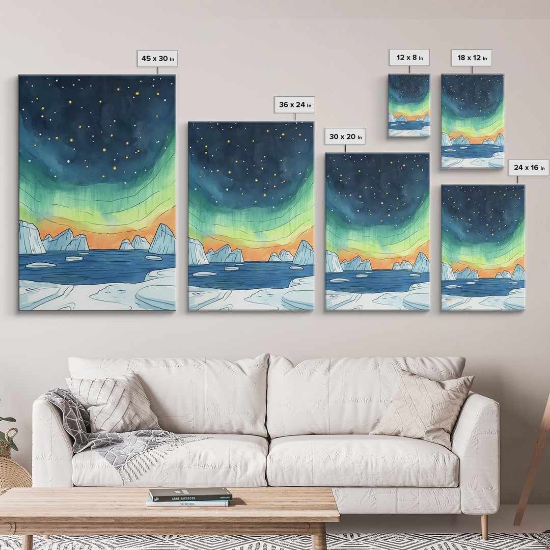 Northern Lights Over Icebergs Canvas Print, Arctic Ocean Wall Art, Aurora Seascape Decor, Coastal Landscape Gift For Her