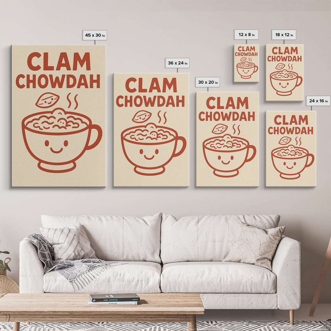 Cute Clam Chowdah Soup Bowl Wall Art, Funny Kitchen Print, New England Seafood Decor, Coastal Cafe Gift For Food Lover Home Decor