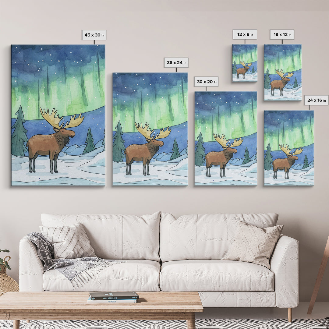 Whimsical Moose Under Green Northern Lights Canvas Print, Winter Animal Wall Art For Nursery Decor And Cozy Cabin Decor Gift