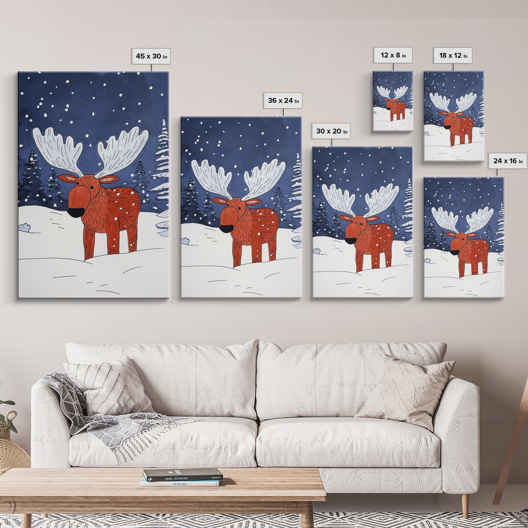 Red Whimsical Moose In Snowy Forest Canvas Print, Cute Animal Wall Art For Kids Room Decor And Nordic Winter Decor Gift Print