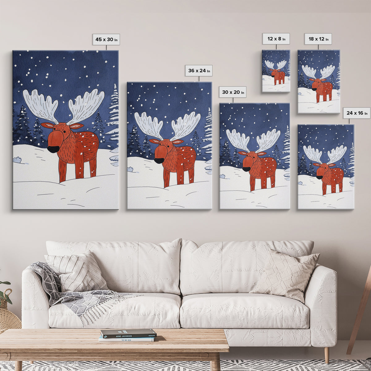 Red Whimsical Moose In Snowy Forest Canvas Print, Cute Animal Wall Art For Kids Room Decor And Nordic Winter Decor Gift Print