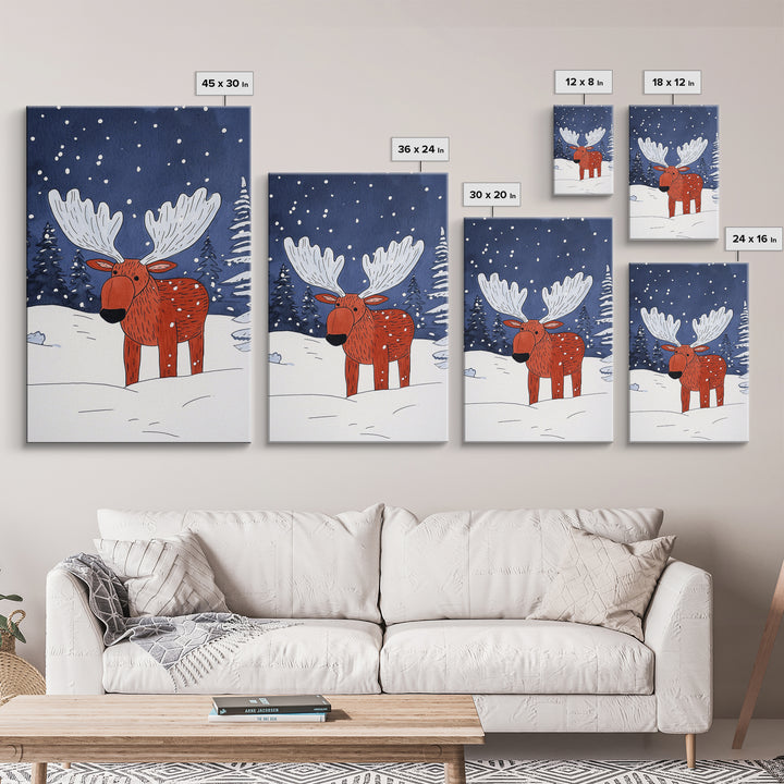 Red Whimsical Moose In Snowy Forest Canvas Print, Cute Animal Wall Art For Kids Room Decor And Nordic Winter Decor Gift Print