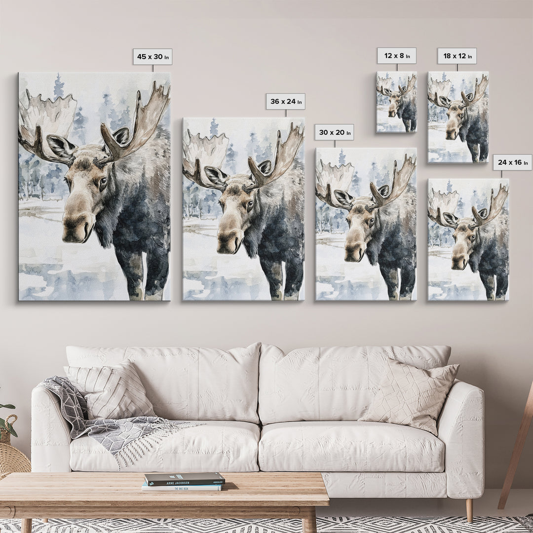 Realistic Moose Portrait In Snowy Pines Framed Canvas Print, Wildlife Wall Art For Rustic Cabin Decor And Nature Lover Gift