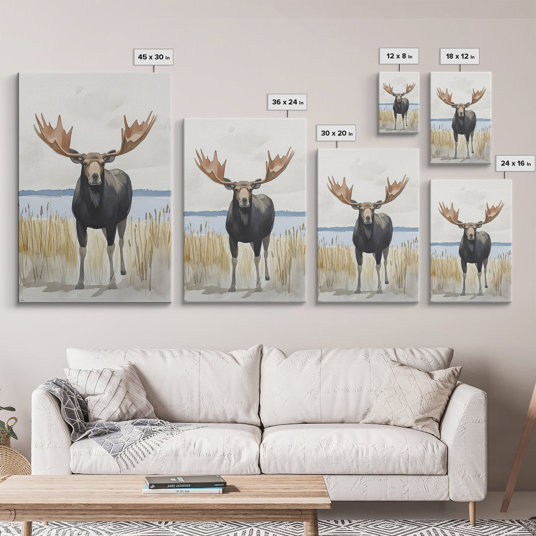 Standing Moose By Quiet Lake Canvas Print, Rustic Wildlife Wall Art For Cabin Decor, Nature Wall Art, And Housewarming Gift