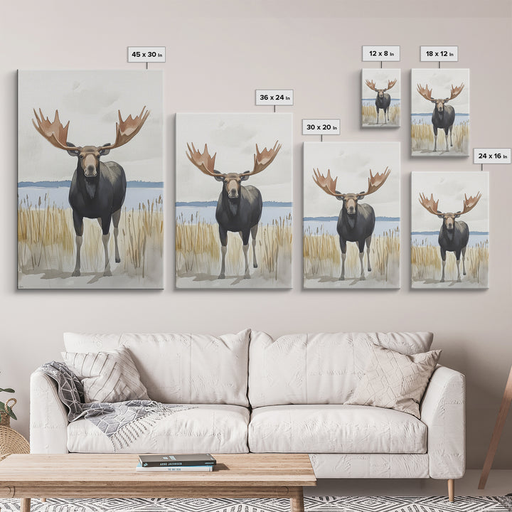 Standing Moose By Quiet Lake Canvas Print, Rustic Wildlife Wall Art For Cabin Decor, Nature Wall Art, And Housewarming Gift