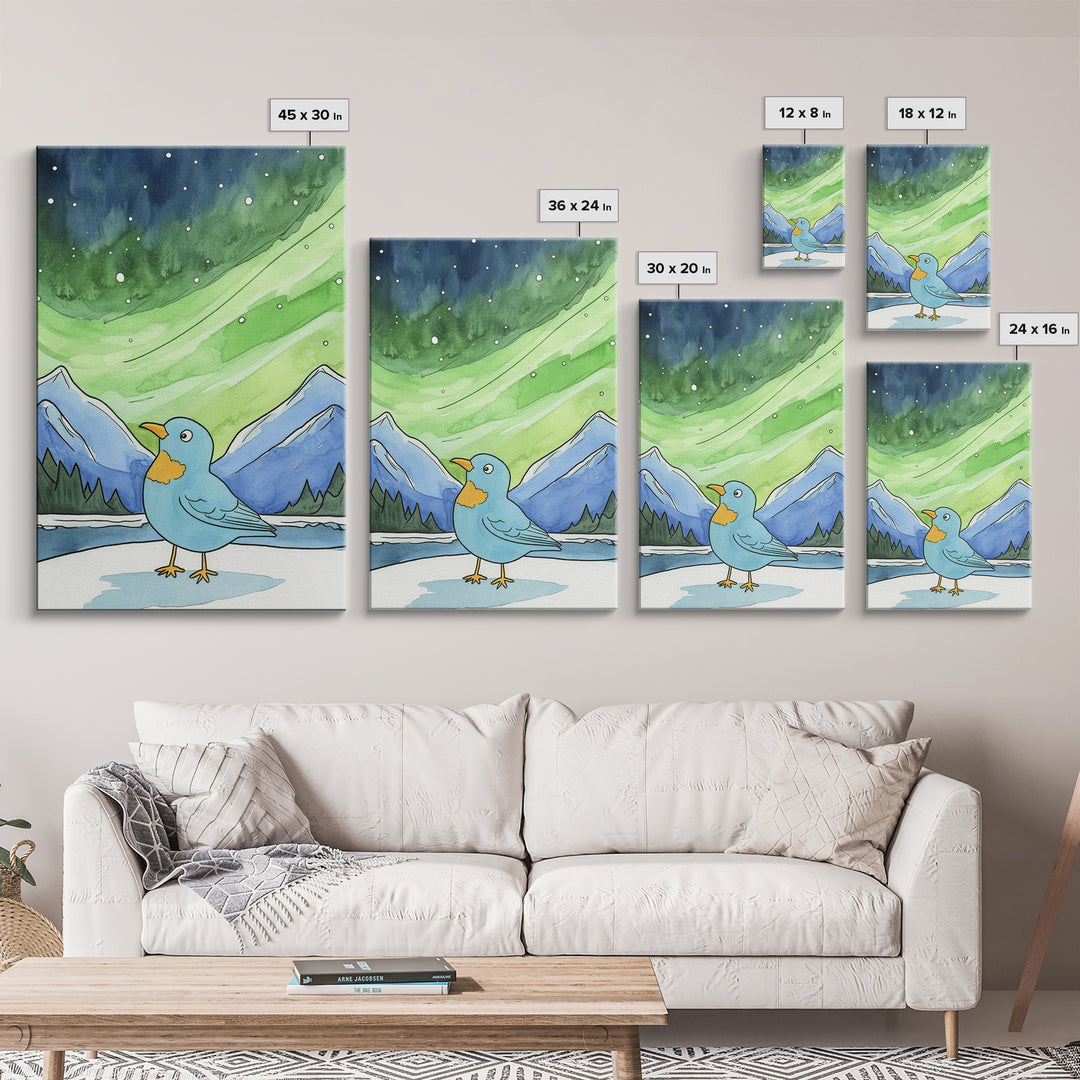 Blue Bird Beneath Green Aurora Canvas Print, Whimsical Animal Wall Art For Nursery Decor, Mountain Art, And Kids Room Decor