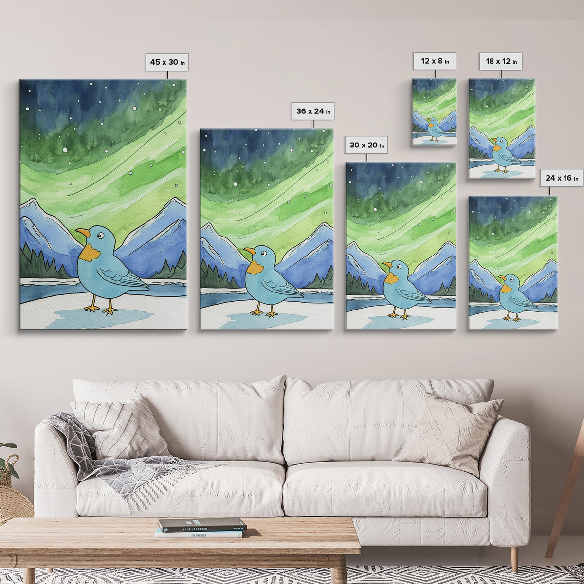 Blue Bird Beneath Green Aurora Canvas Print, Whimsical Animal Wall Art For Nursery Decor, Mountain Art, And Kids Room Decor