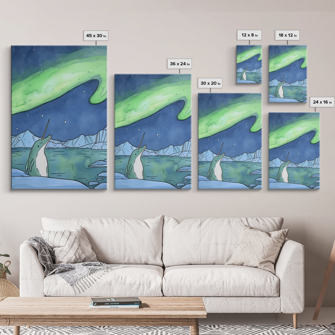 Whimsical Narwhal Under Northern Lights Canvas Print, Arctic Ocean Animal Wall Art, Nursery Decor And Kids Room Gift For Her