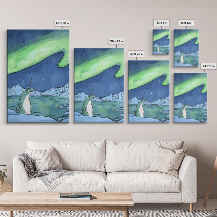 Whimsical Narwhal Under Northern Lights Canvas Print, Arctic Ocean Animal Wall Art, Nursery Decor And Kids Room Gift For Her