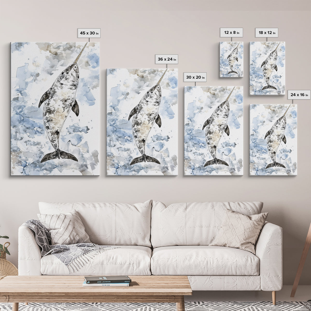 Speckled Narwhal Whale Watercolor Framed Canvas Print, Marine Life Wall Art, Ocean Animal Nursery Decor And Coastal Gift