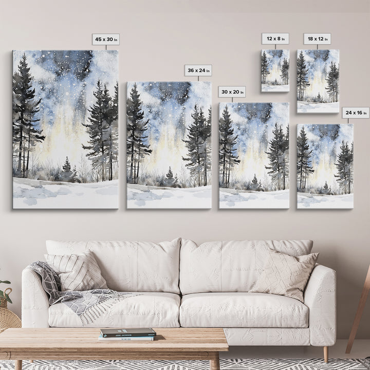 Snowy Night Pine Forest Framed Canvas Print, Winter Landscape Wall Art, Moody Nature Decor For Cabin Living Room Gift Idea