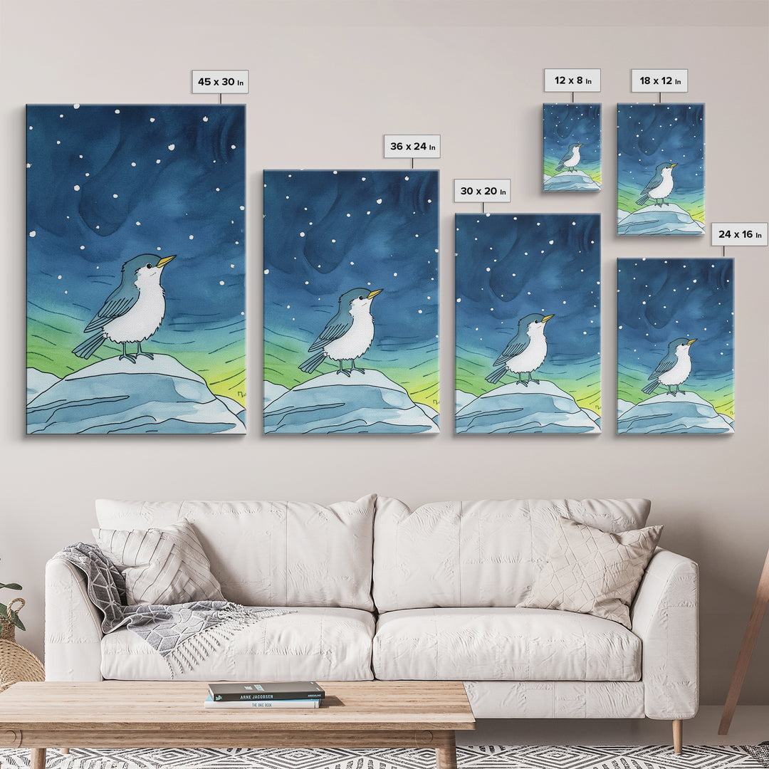 Cute Arctic Bird On Ice Under Aurora Canvas Print, Whimsical Animal Wall Art, Nursery Decor And Kids Room Decor Gift For Bird Lover