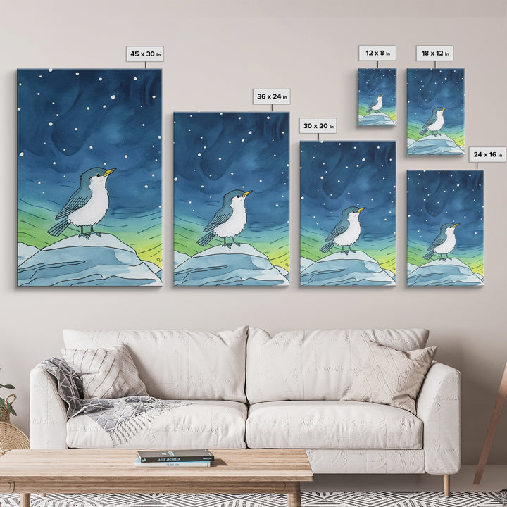 Cute Arctic Bird On Ice Under Aurora Canvas Print, Whimsical Animal Wall Art, Nursery Decor And Kids Room Decor Gift For Bird Lover