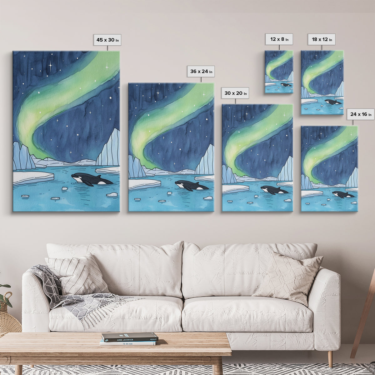 Northern Lights Orca Wall Art, Arctic Ocean Canvas Print, Celestial Coastal Decor, Whale Wildlife Art For Nursery Room Decor