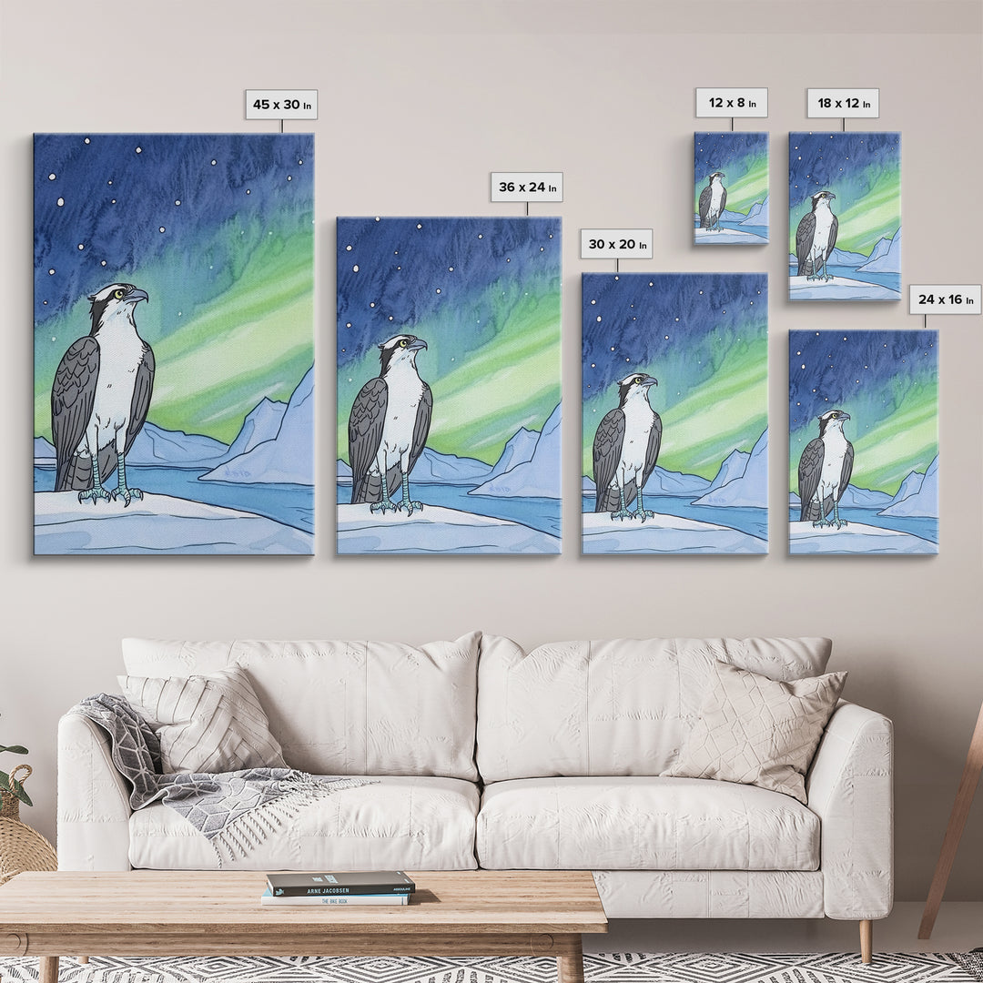 Osprey Under Northern Lights Wall Art, Arctic Bird Canvas Print, Celestial Nature Decor, Wildlife Art For Cabin Or Office